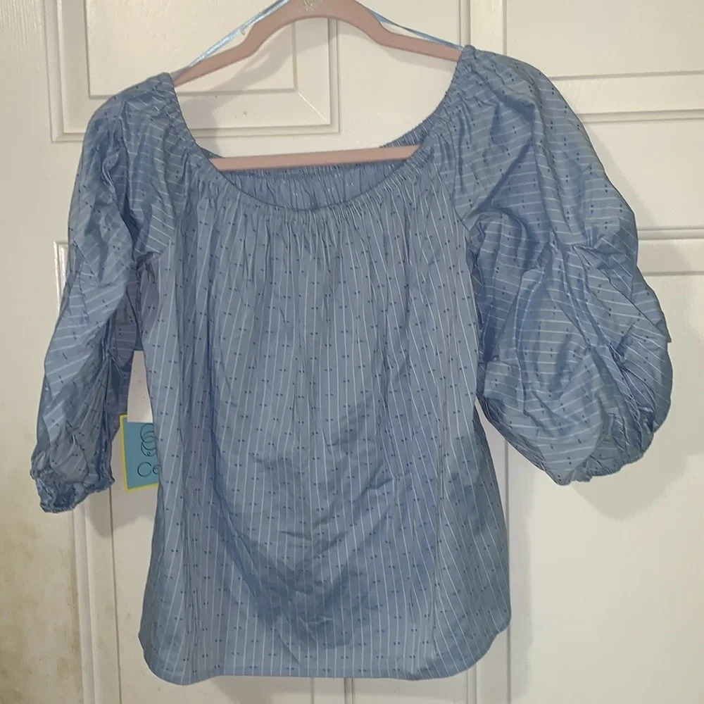 🇺🇸 CECE Blue Off-the-shoulder Balloon-sleeve Blouse NWT M - Picture 9 of 16